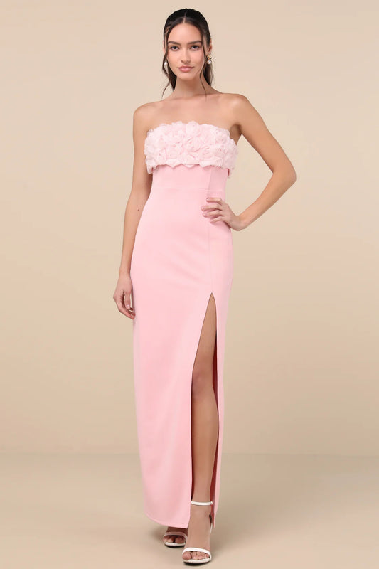 Fiore Light Pink 3D Rosette Strapless Maxi Dress