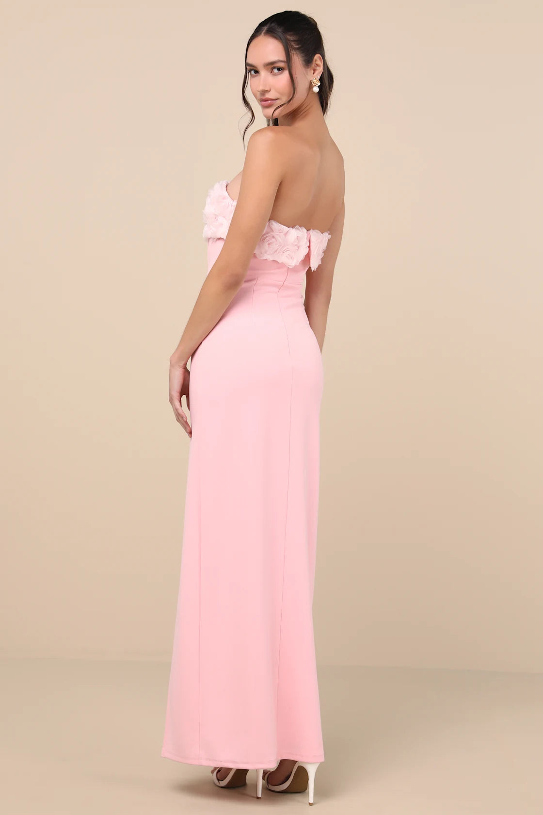 Fiore Light Pink 3D Rosette Strapless Maxi Dress